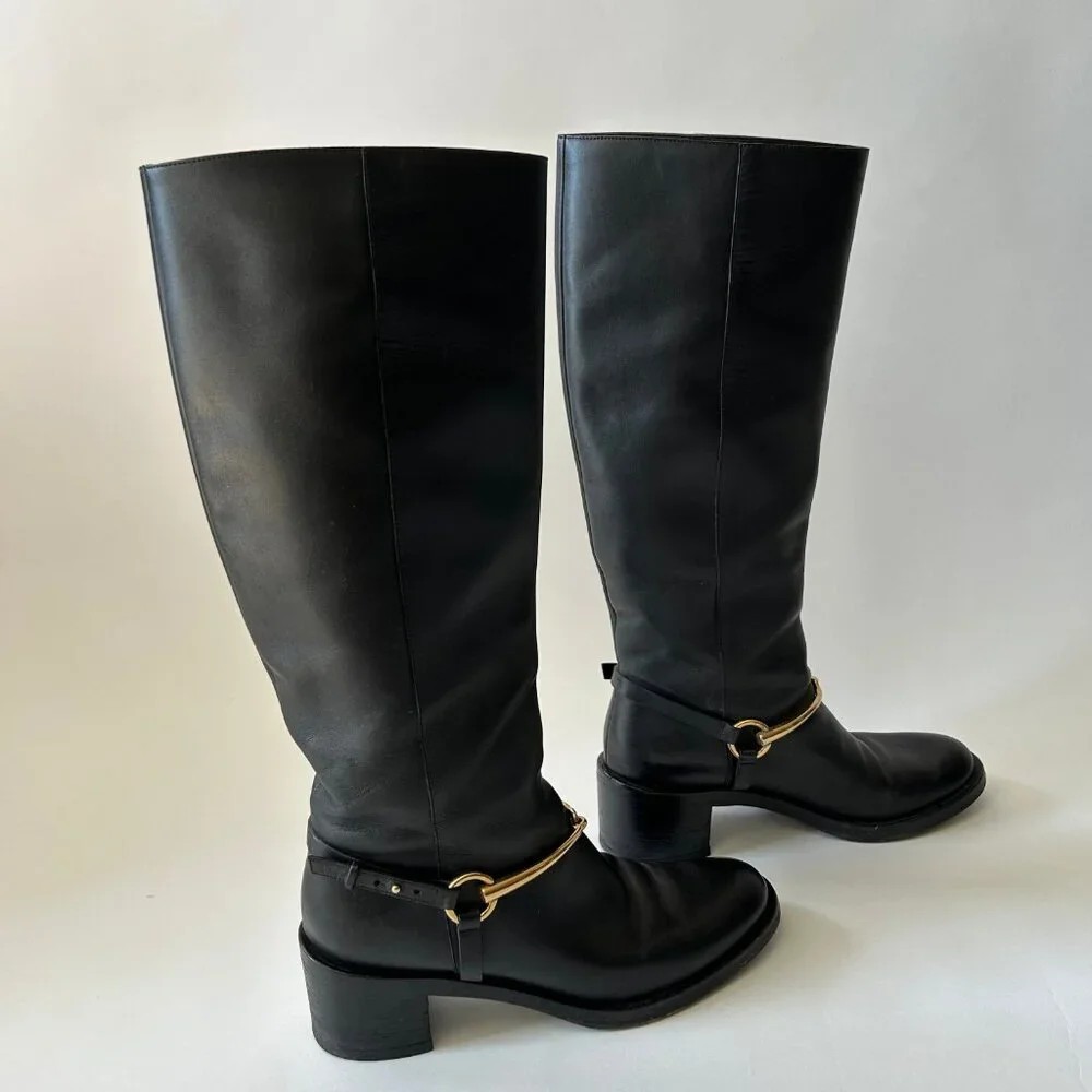 GUCCI BLACK LEATHER HORSEBIT TESS TALL BOOTS - Picture 3 of 9